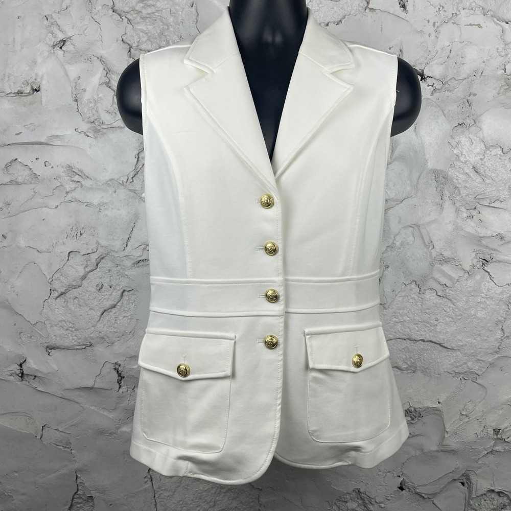 Joie White Sleeveless Blazer Vest Gold Crest Buttons Ponte Knit Tailored Small